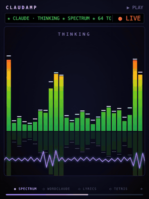 Spectrum analyzer scene: green to red bars with falling peak caps and an oscilloscope