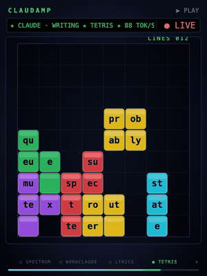 Tetris scene: word pieces stacking, rows clearing, game over